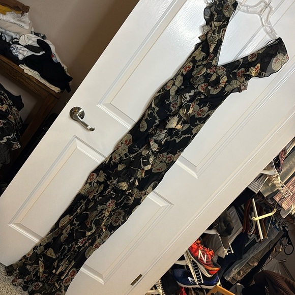 NWT KATE MOSS FOR ZARA black silk floral long dress size small & medium - Picture 2 of 14